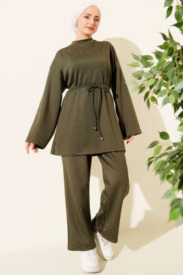 Pazarium - Serpme Taşlı İp Bağcıklı İkili Takım Haki