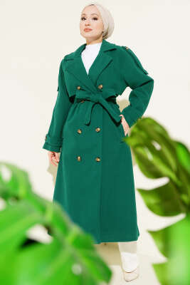 Pazarium - Omuz Apoletli Düğme Detaylı Kaşe Kaban Zümrüt