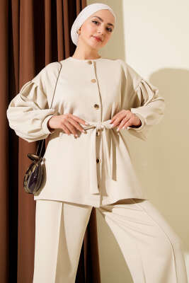 Metal Düğmeli Kuşaklı İkili Takım Bej - Thumbnail