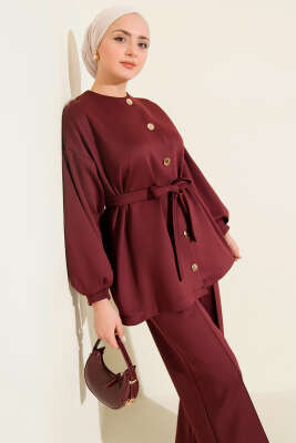 Metal Düğmeli Kuşaklı İkili Takım Bordo - Thumbnail