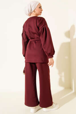 Metal Düğmeli Kuşaklı İkili Takım Bordo - Thumbnail