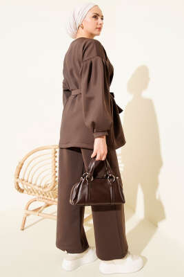 Metal Düğmeli Kuşaklı İkili Takım Kahve - Thumbnail