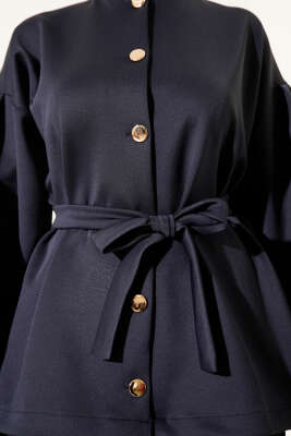 Metal Düğmeli Kuşaklı İkili Takım Lacivert - Thumbnail