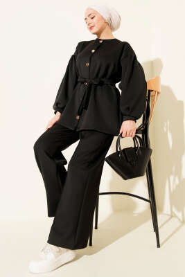 Metal Düğmeli Kuşaklı İkili Takım Siyah - Thumbnail