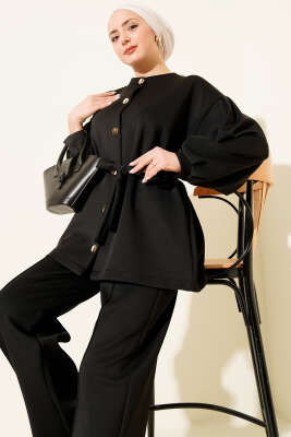 Metal Düğmeli Kuşaklı İkili Takım Siyah - Thumbnail
