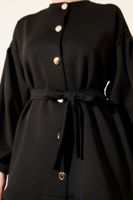 Metal Düğmeli Kuşaklı İkili Takım Siyah - Thumbnail