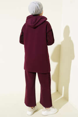 Simli Kapüşonlu İkili Takım Mürdüm - Thumbnail