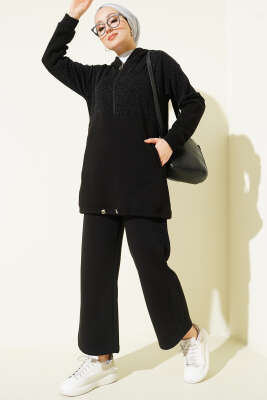 Pazarium - Simli Kapüşonlu İkili Takım Siyah