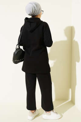 Simli Kapüşonlu İkili Takım Siyah - Thumbnail