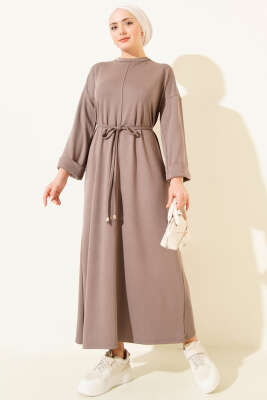 Duble Kol İp Bağcıklı Elbise Vizon - Thumbnail