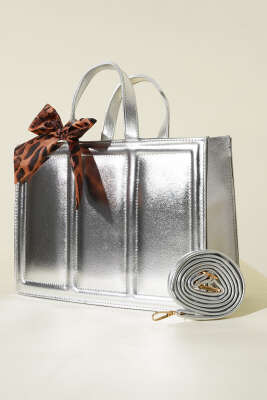 Pazarium - Fularlı Dikdörtgen Çanta Gümüş