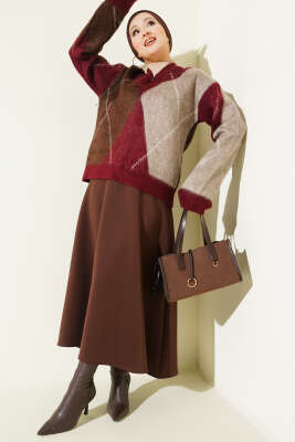 V Yaka Baklava Desenli Triko Kazak Bordo - Thumbnail