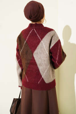 V Yaka Baklava Desenli Triko Kazak Bordo - Thumbnail