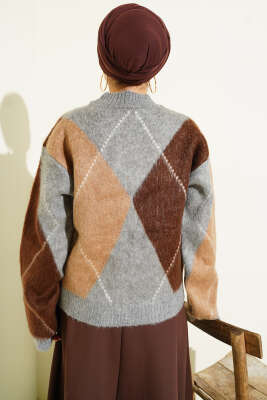 V Yaka Baklava Desenli Triko Kazak Gri - Thumbnail