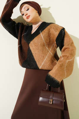 V Yaka Baklava Desenli Triko Kazak Siyah - Thumbnail