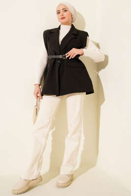 Kruvaze Yaka Vatkalı Kemerli Yelek Siyah - Thumbnail