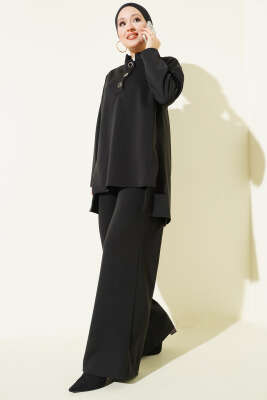 Pazarium - Polo Yaka Düğmeli İkili Takım Siyah