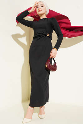 Pazarium - Bel Büzgü Detaylı Abiye Elbise Siyah