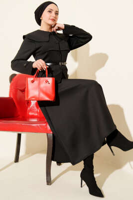 Pazarium - Bebe Yaka Kemerli Scuba İkili Etekli Takım Siyah