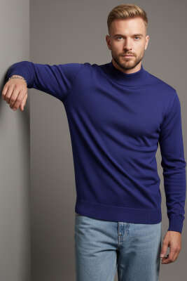 Pazarium - Dik Yaka Basic Triko Erkek Kazak Lacivert