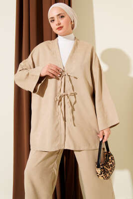 Önü İp Bağlama Detaylı İkili Takım Bej - Thumbnail