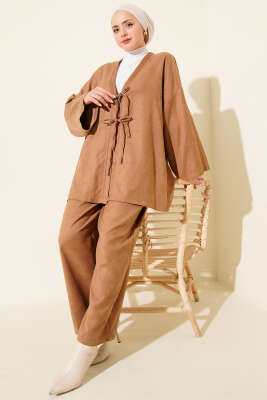 Pazarium - Önü İp Bağlama Detaylı İkili Takım Camel