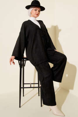 Pazarium - Önü İp Bağlama Detaylı İkili Takım Siyah