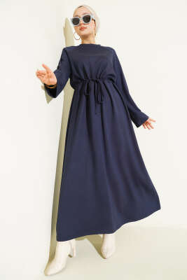 Pazarium - Bisiklet Yaka Bel Tünel Detaylı Elbise Lacivert