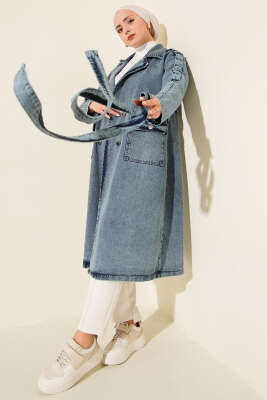 Pazarium - Kruvaze Yaka Bel Bağlamalı Kot Trençkot Açık Mavi