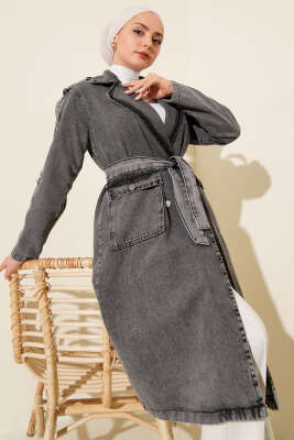 Pazarium - Kruvaze Yaka Bel Bağlamalı Kot Trençkot Füme