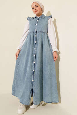 Pazarium - Omuz Fırfır Detaylı Kot Mavisi Elbise 