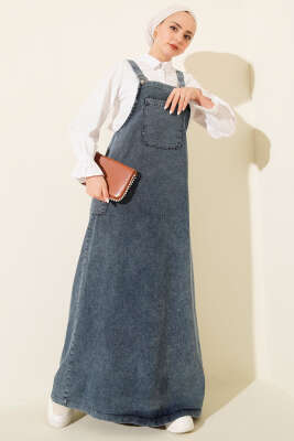 Pazarium - Tek Cepli Askılı Jile Kot Elbise Açık Mavi