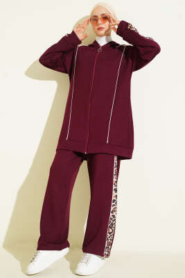 Leopar Desen Garnili Kapüşonlu İkili Takım Bordo - Thumbnail