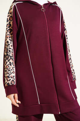 Leopar Desen Garnili Kapüşonlu İkili Takım Bordo - Thumbnail