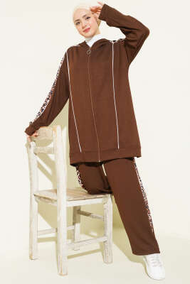 Pazarium - Leopar Desen Garnili Kapüşonlu İkili Takım Kahve