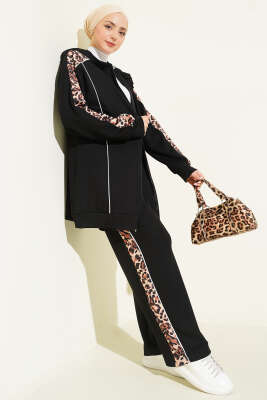Pazarium - Leopar Desen Garnili Kapüşonlu İkili Takım Siyah