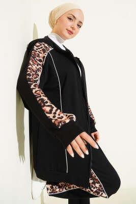 Leopar Desen Garnili Kapüşonlu İkili Takım Siyah - Thumbnail