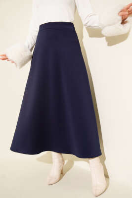 Pazarium - Beli Lastik Detaylı Kloş Scuba Etek Lacivert