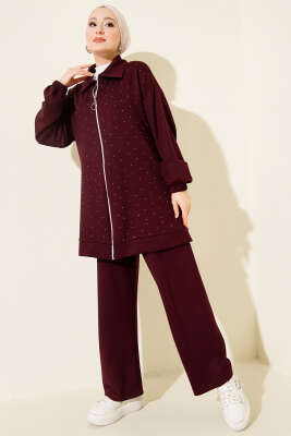 Pazarium - Loyşa Taş Süslemeli Fermuarlı İkili Takım Mürdüm