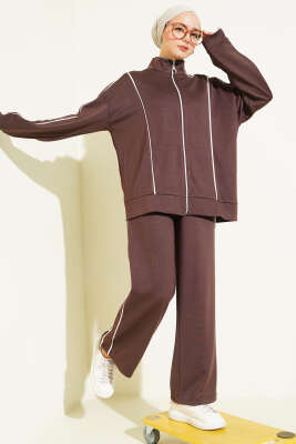 Pazarium - Biye Detaylı Fermuarlı Loyşa İkili Takım Kahve