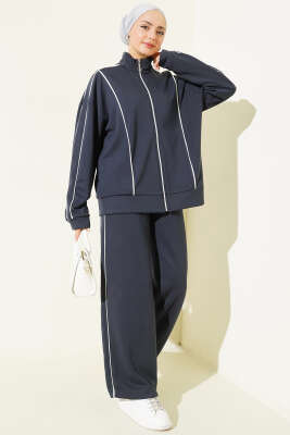 Biye Detaylı Fermuarlı Loyşa İkili Takım Kayrak Grisi - Thumbnail