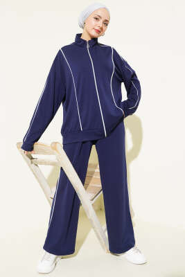 Biye Detaylı Fermuarlı Loyşa İkili Takım Lacivert - Thumbnail