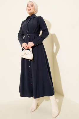 Düğmeli Tensel İnce Kemerli Elbise Lacivert - Thumbnail