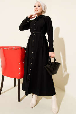 Pazarium - Düğmeli Tensel İnce Kemerli Elbise Siyah
