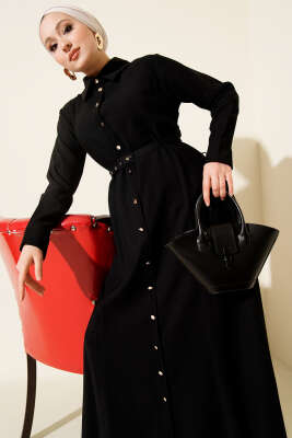 Düğmeli Tensel İnce Kemerli Elbise Siyah - Thumbnail