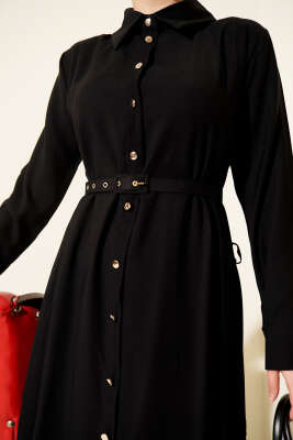 Düğmeli Tensel İnce Kemerli Elbise Siyah - Thumbnail