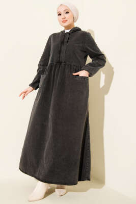 Pazarium - Kapşonlu Yarı Fermuarlı Kot Elbise Füme