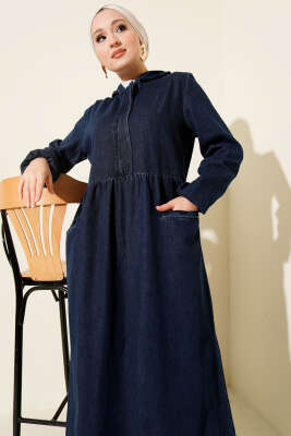 Kapşonlu Yarı Fermuarlı Kot Elbise Lacivert - Thumbnail