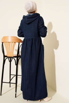 Kapşonlu Yarı Fermuarlı Kot Elbise Lacivert - Thumbnail