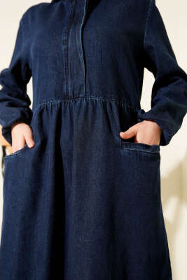 Kapşonlu Yarı Fermuarlı Kot Elbise Lacivert - Thumbnail